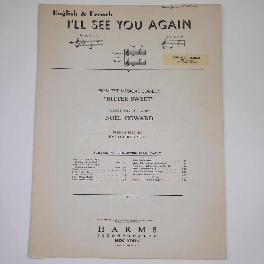 Vintage Sheet Music ILL SEE YOU AGAIN Noel Coward 1944  #SM2